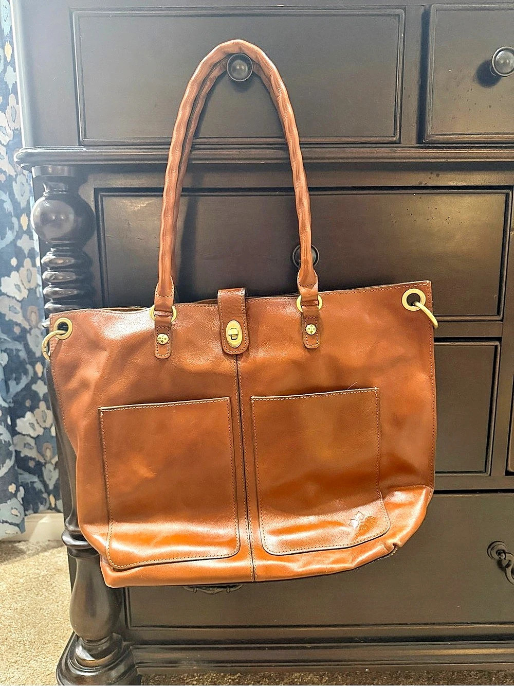 Patricia Nash Turnlock Tote Bag Brown Leather-Look Tote Bag